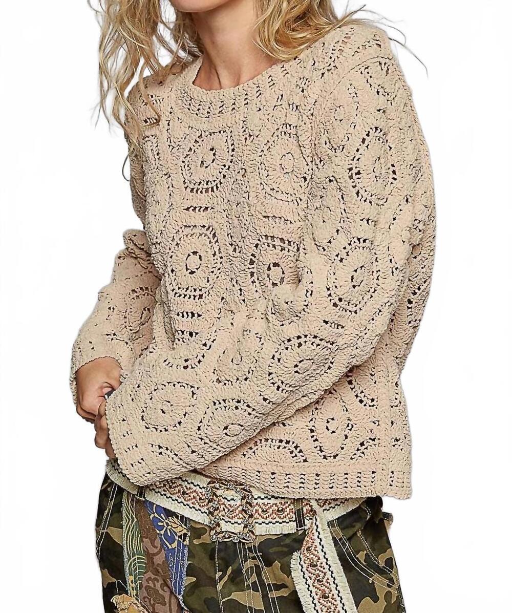 NEW POL round neck open knit crochet sweater in mocha